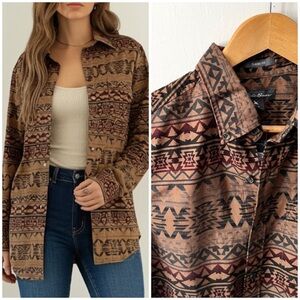 Eddie Bauer Earth Tone Western Southwestern Aztec 100% Cotton Button Down Top